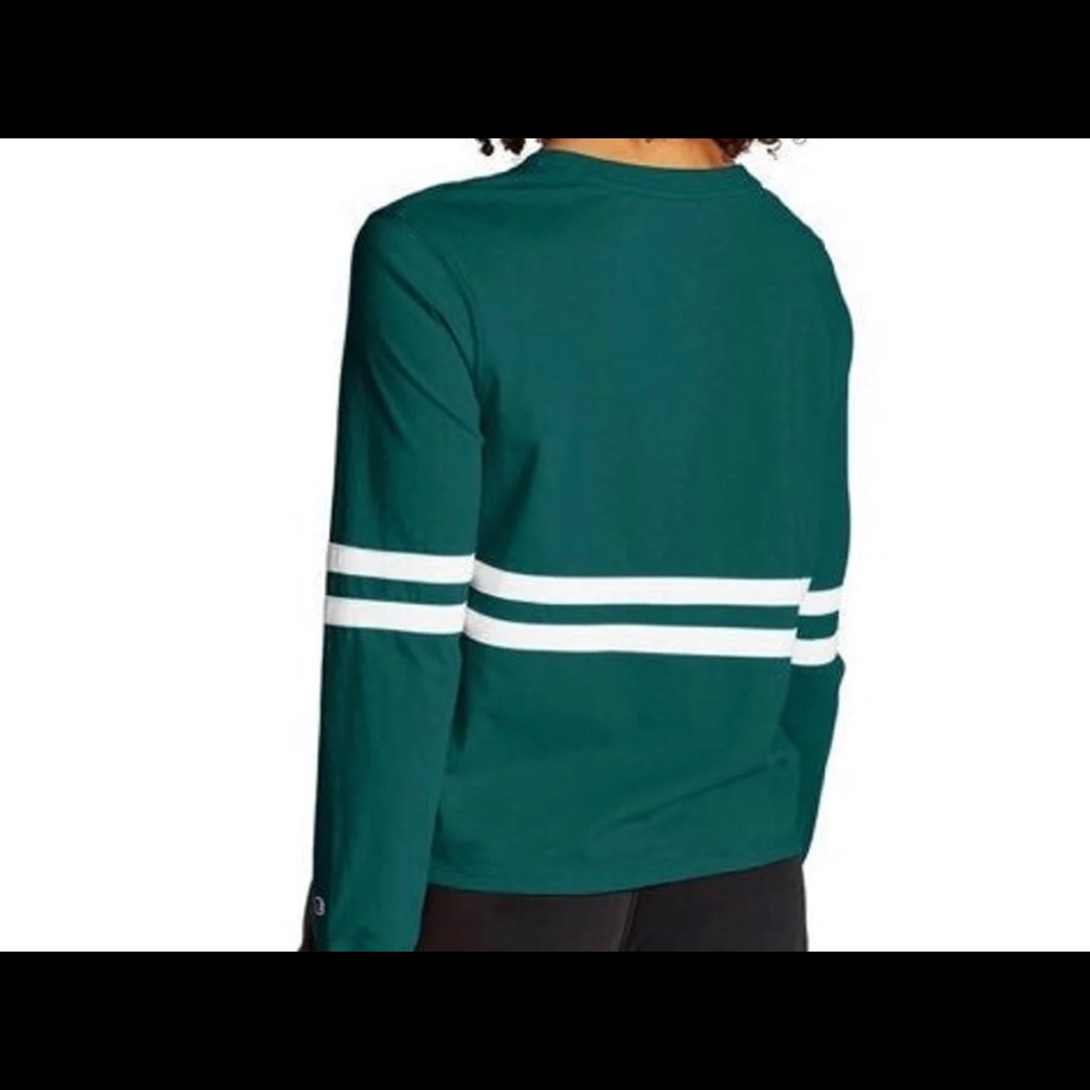 Ladies Champion slightly cropped green and white striped long sleeve T-shirt.